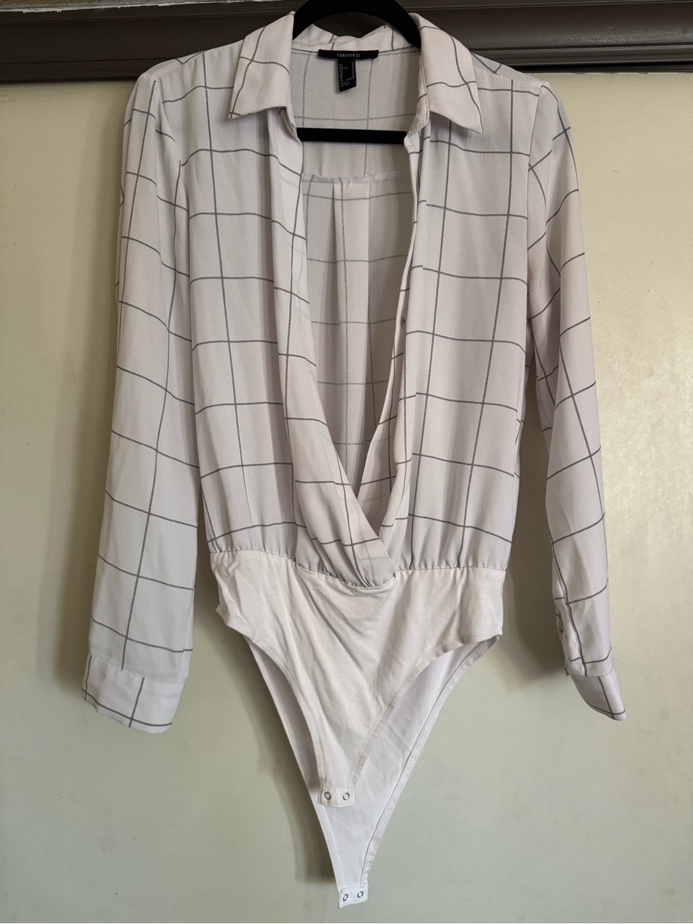 Forever 21 White Windowpane Plunge Collar Bodysuit